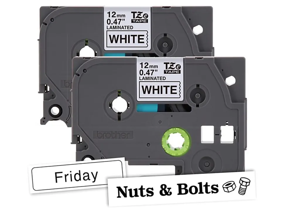 Brother P-touch TZe2312PK, Laminated, 2 X 0.47 in x 26.2 ft (12mm x 8m), Black on White Label Tape, 2 pack