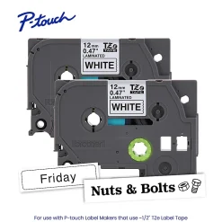 Brother P-touch TZe2312PK, Laminated, 2 X 0.47 in x 26.2 ft (12mm x 8m), Black on White Label Tape, 2 pack