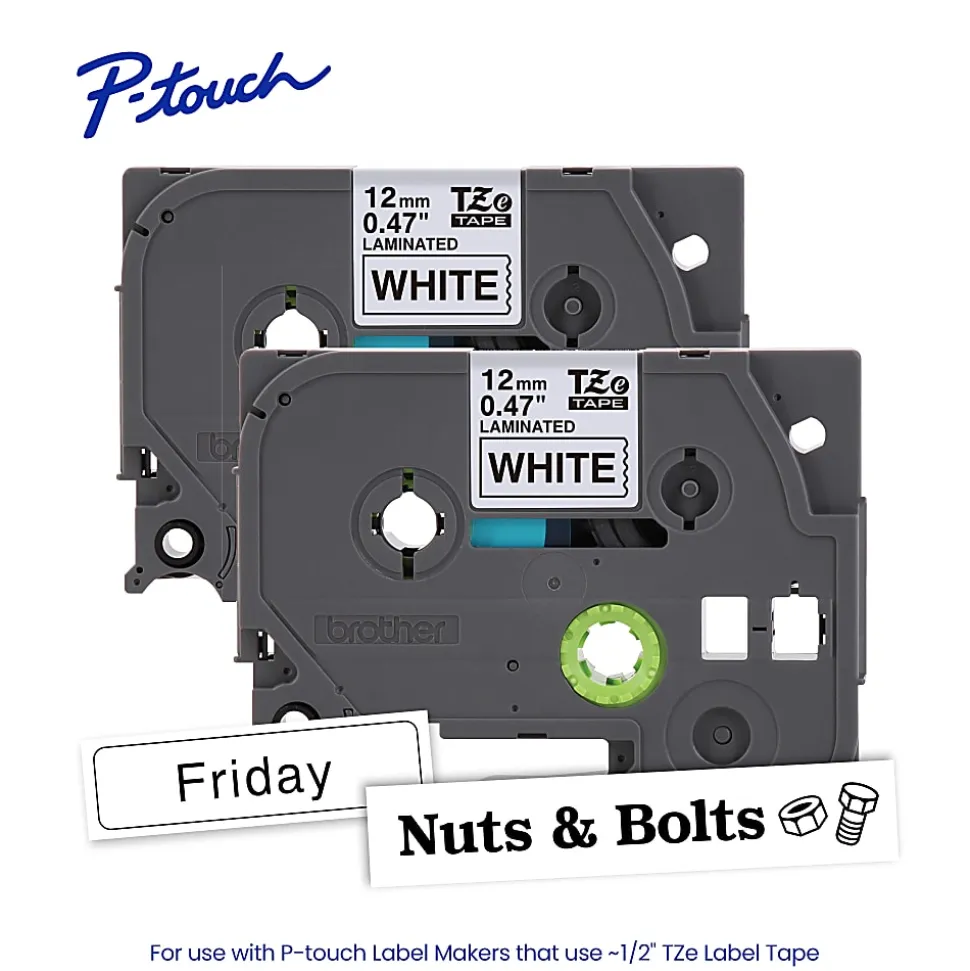 Brother P-touch TZe2312PK, Laminated, 2 X 0.47 in x 26.2 ft (12mm x 8m), Black on White Label Tape, 2 pack