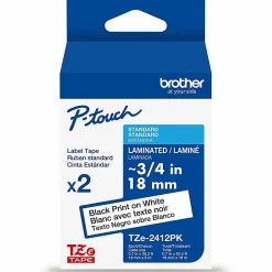 Brother P-touch TZe2412PK, Laminated, ~0.7 in x 26.2 ft (18mm x 8m), Black on White Label Tape, 2 pack
