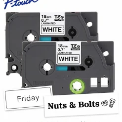 Brother P-touch TZe2412PK, Laminated, ~0.7 in x 26.2 ft (18mm x 8m), Black on White Label Tape, 2 pack