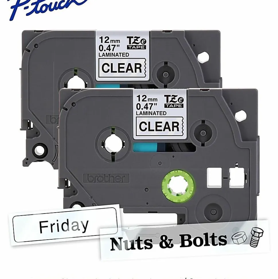 Brother P-touch TZe1312PK, Laminated, 1/2" x 26.2 ft (12mm x 8m), Black on Clear Label Tape, 2 pack