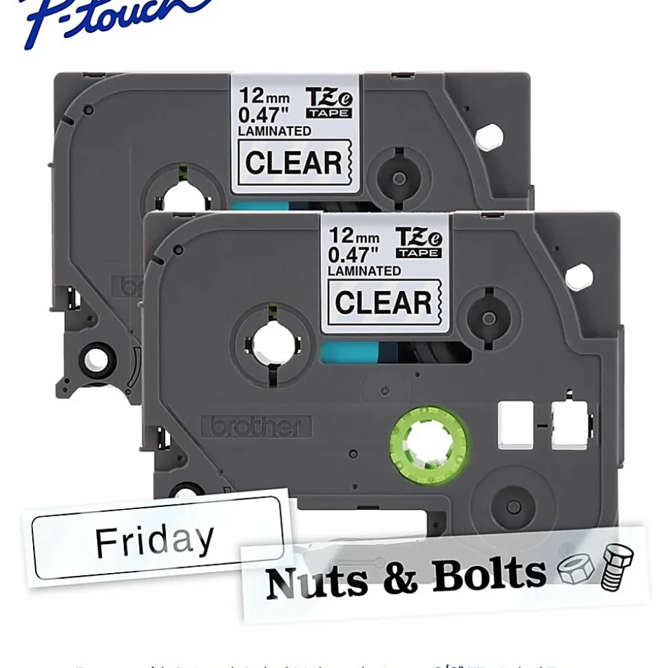 Brother P-touch TZe1312PK, Laminated, 1/2" x 26.2 ft (12mm x 8m), Black on Clear Label Tape, 2 pack