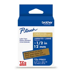 Brother P-touch TZePR831 Premium Glitter Laminated Label Tape, ~1/2" x 26.2 ft (12mm x 8m), Black on Gold