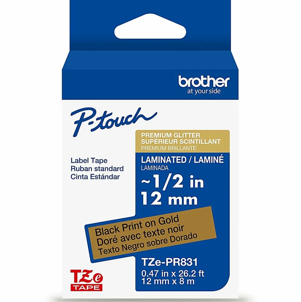 Brother P-touch TZePR831 Premium Glitter Laminated Label Tape, ~1/2" x 26.2 ft (12mm x 8m), Black on Gold