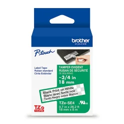 Brother P-touch TZeSE4, Tamper-Evident, Laminated, ~3/4in (18mm) x 26.2ft (8m), Black on White Label Tape