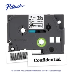 Brother P-touch TZeSE4, Tamper-Evident, Laminated, ~3/4in (18mm) x 26.2ft (8m), Black on White Label Tape
