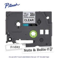 Brother P-Touch TZeS131, Strong Adhesive Laminated, ~1/2in x 26.2ft (12mm x 8m), Black on Clear Label Tape