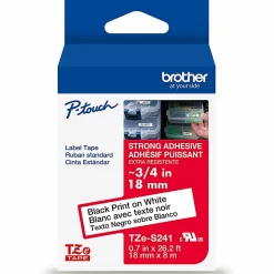 Brother P-Touch TZeS241, Strong Adhesive, Laminated, 0.7 in x 26.2 ft (18mm x 8m), Black on White Label Tape