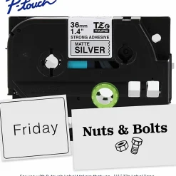 Brother P-Touch TzeS961, Strong Adhesive Laminated, ~1-1/2in x 26.2ft (36mm x 8m), Black on Matte Silver Label Tape