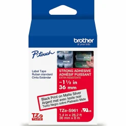 Brother P-Touch TzeS961, Strong Adhesive Laminated, ~1-1/2in x 26.2ft (36mm x 8m), Black on Matte Silver Label Tape