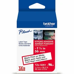 Brother P-Touch TzeS261, Strong Adhesive Laminated, ~1-1/2in x 26.2ft (36mm x 8m), Black on White Label Tape
