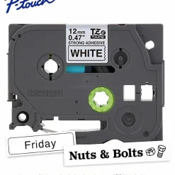Brother P-touch TZeS231, Strong Adhesive, Laminated, 0.47 in x 26.2 ft (12mm x 8m), Black on White Label Tape