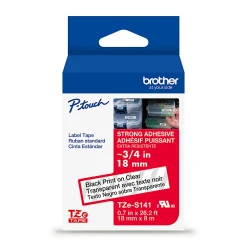 Brother P-Touch TZeS141, Strong Adhesive Laminated, ~3/4in x 26.2ft (18mm x 8m), Black on Clear Label Tape