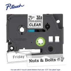 Brother P-Touch TZeS141, Strong Adhesive Laminated, ~3/4in x 26.2ft (18mm x 8m), Black on Clear Label Tape