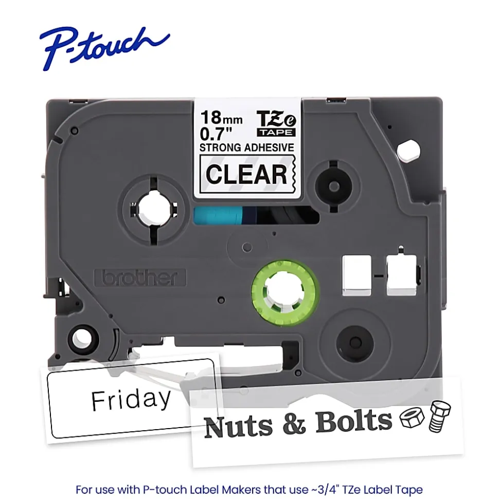 Brother P-Touch TZeS141, Strong Adhesive Laminated, ~3/4in x 26.2ft (18mm x 8m), Black on Clear Label Tape