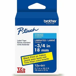 Brother P-Touch TzeS641, Strong Adhesive Laminated,~3/4in x 26.2ft (18mm x 8m), Black on Yellow Label Tape