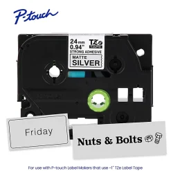 Brother P-Touch TzeS951, Strong Adhesive Laminated, ~1in x 26.2ft (24mm x 8m), Black on Matte Silver Label Tape