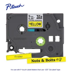 Brother P-touch TZeS621, Strong Adhesive, Laminated, 3/8" x 26.2 ft (9mm x 8m), Black on Yellow Label Tape