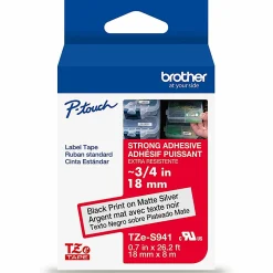 Brother P-Touch TzeS941, Strong Adhesive Laminated, ~3/4in x 26.2ft (18mm x 8m), Black on Matte Silver Label Tape