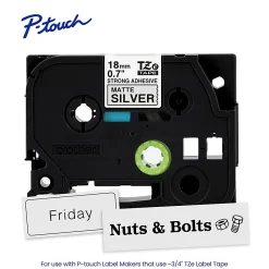 Brother P-Touch TzeS941, Strong Adhesive Laminated, ~3/4in x 26.2ft (18mm x 8m), Black on Matte Silver Label Tape