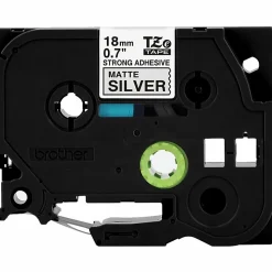 Brother P-Touch TzeS941, Strong Adhesive Laminated, ~3/4in x 26.2ft (18mm x 8m), Black on Matte Silver Label Tape