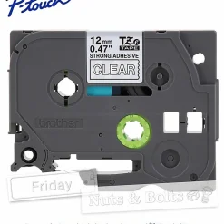 Brother P-Touch TZeS135, Strong Adhesive Laminated, ~1/2in x 26.2ft (12mm x 8m), White on Clear Label Tape