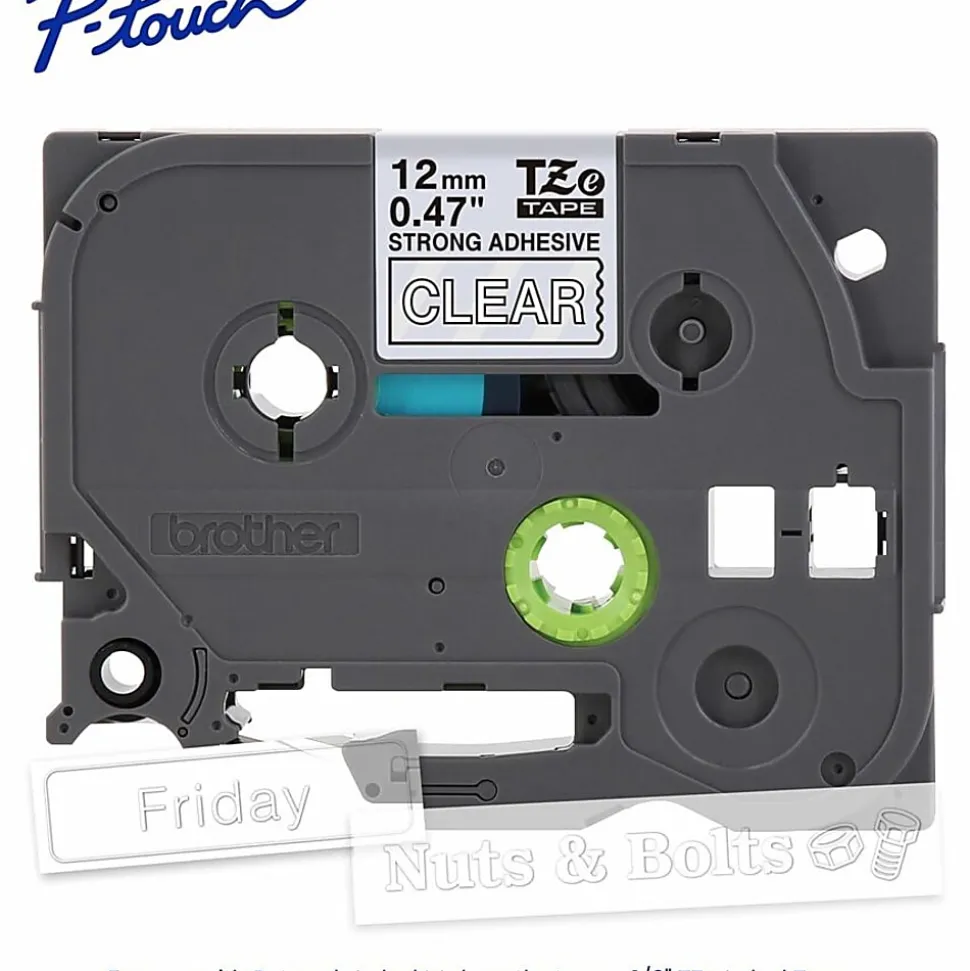 Brother P-Touch TZeS135, Strong Adhesive Laminated, ~1/2in x 26.2ft (12mm x 8m), White on Clear Label Tape