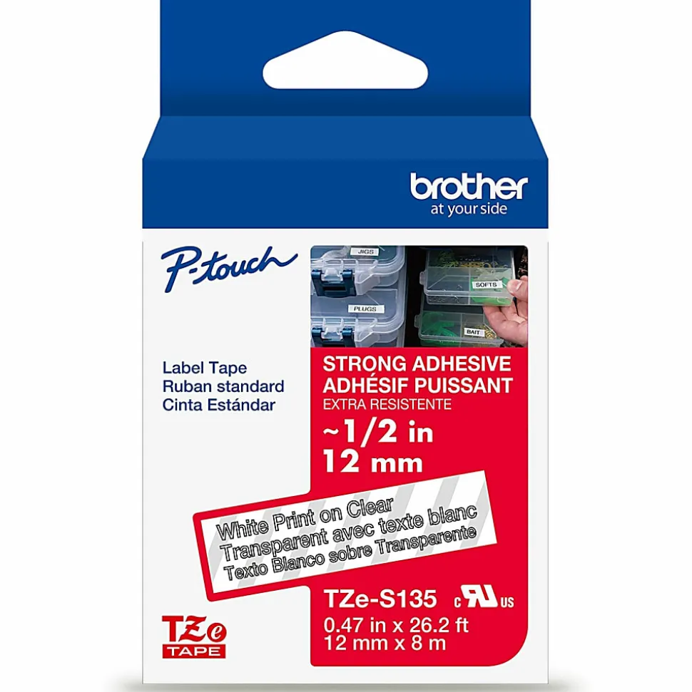 Brother P-Touch TZeS135, Strong Adhesive Laminated, ~1/2in x 26.2ft (12mm x 8m), White on Clear Label Tape