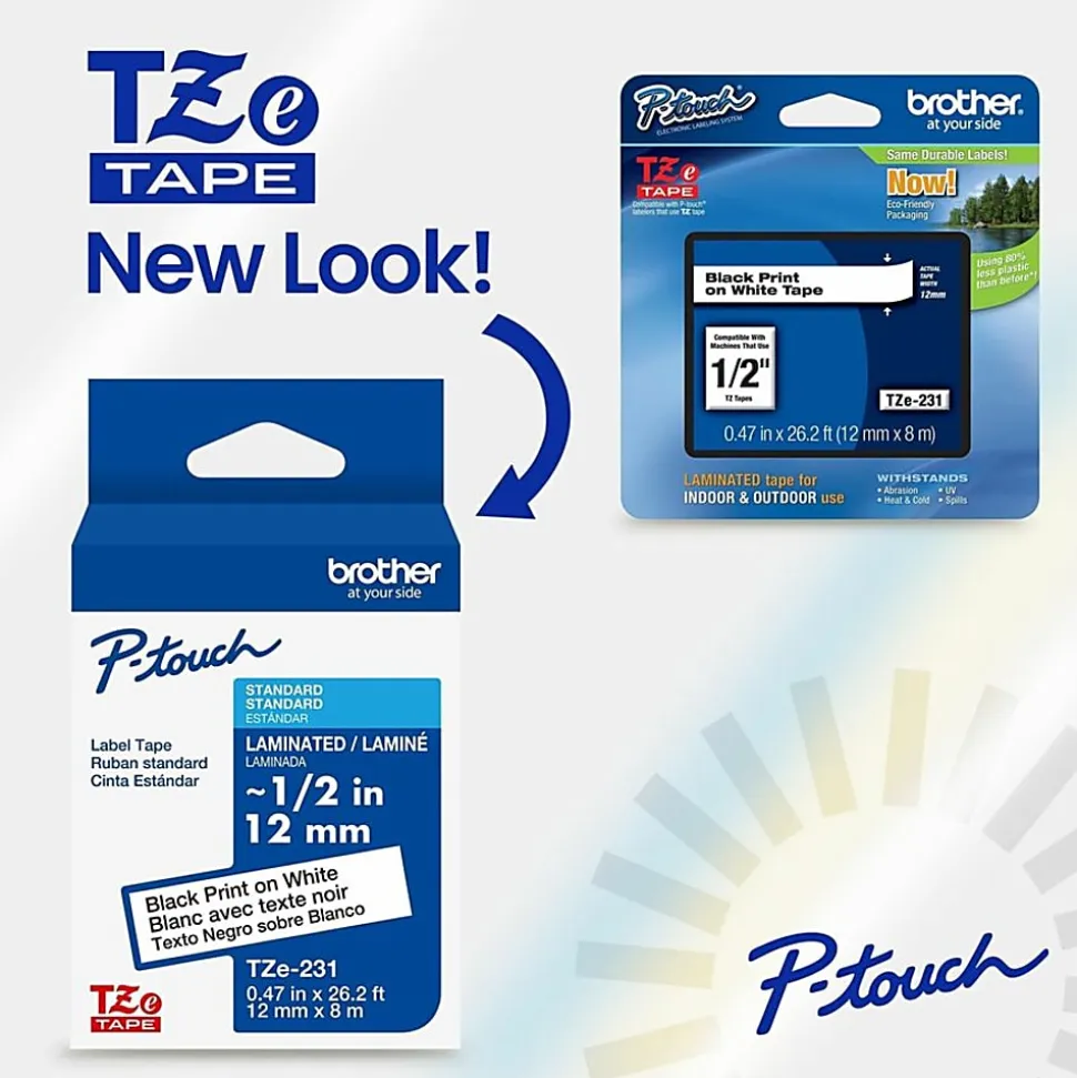 Brother P-Touch TZeS135, Strong Adhesive Laminated, ~1/2in x 26.2ft (12mm x 8m), White on Clear Label Tape