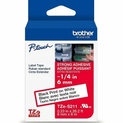 Brother P-Touch TzeS211, Strong Adhesive Laminated, ~1/4in x 26.2ft (6mm x 8m), Black on White Label Tape