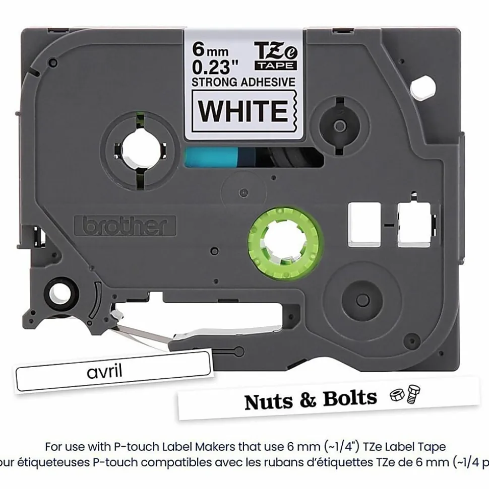 Brother P-Touch TzeS211, Strong Adhesive Laminated, ~1/4in x 26.2ft (6mm x 8m), Black on White Label Tape