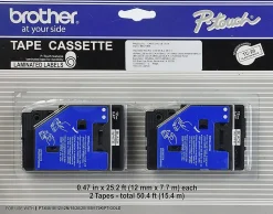 Brother TC-20 Black-On-White Tapes, 0.5" x 25', Pack Of 2