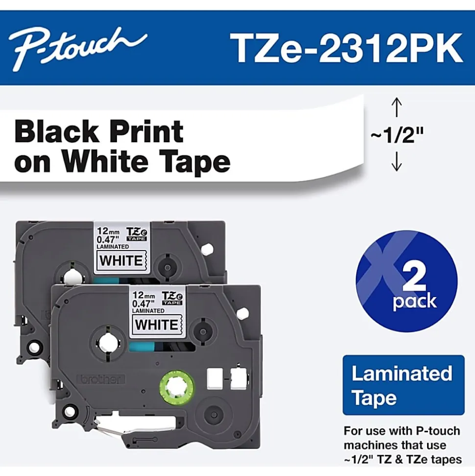 Brother TZe-231 Black-On-White Tapes, 0.5" x 26.2', Pack Of 2