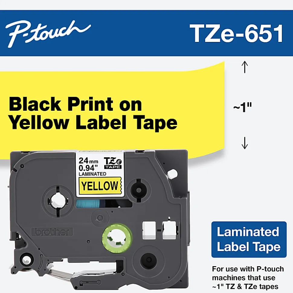 Brother TZe-651 Black-On-Yellow Tape, 1" x 26.2'