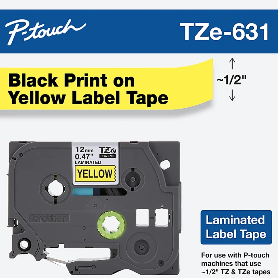 Brother TZe-631 Black-On-Yellow Tape, 0.5" x 26.2'