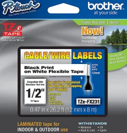 Brother TZe-FX231CS Black-On-White Tape, 0.5" x 26.2'