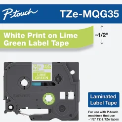 Brother TZe-MQG35 White-On-Lime Green Tape, 0.5