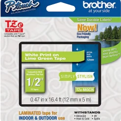 Brother TZe-MQG35 White-On-Lime Green Tape, 0.5