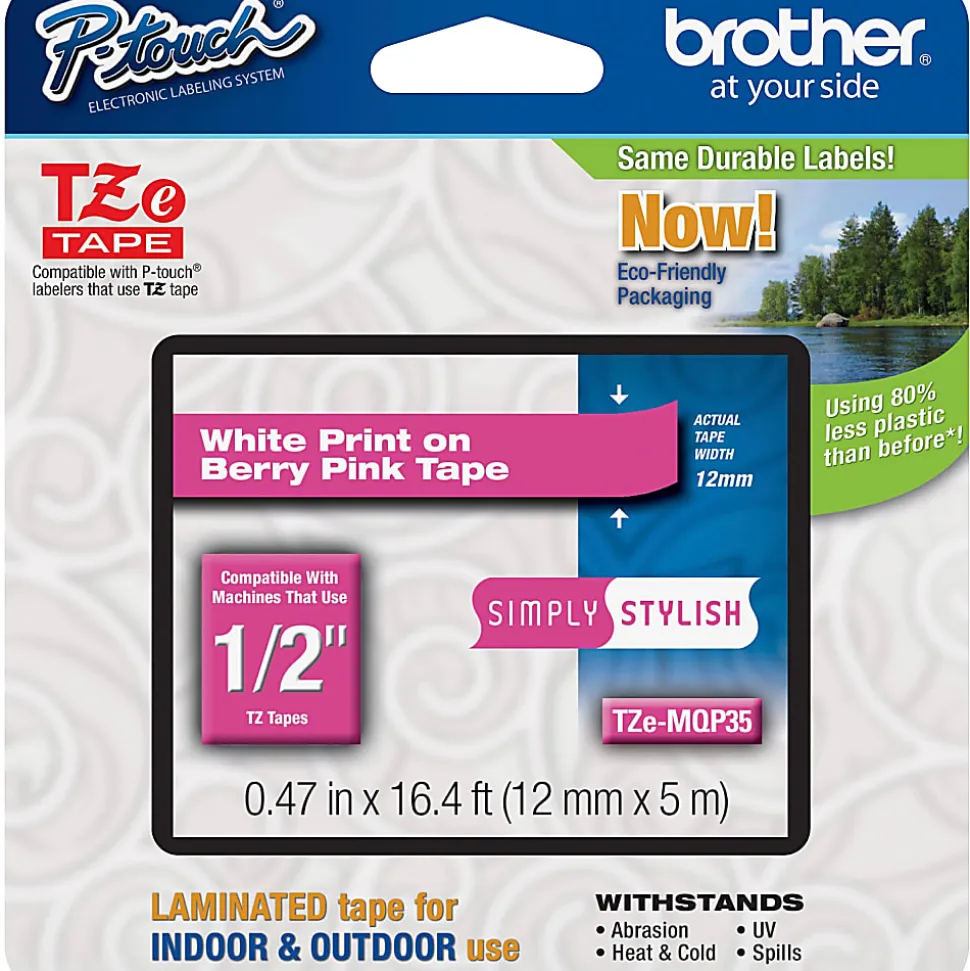 Brother TZe-MQP35 White-On-Berry Pink Tape, 0.5" x 196.8"