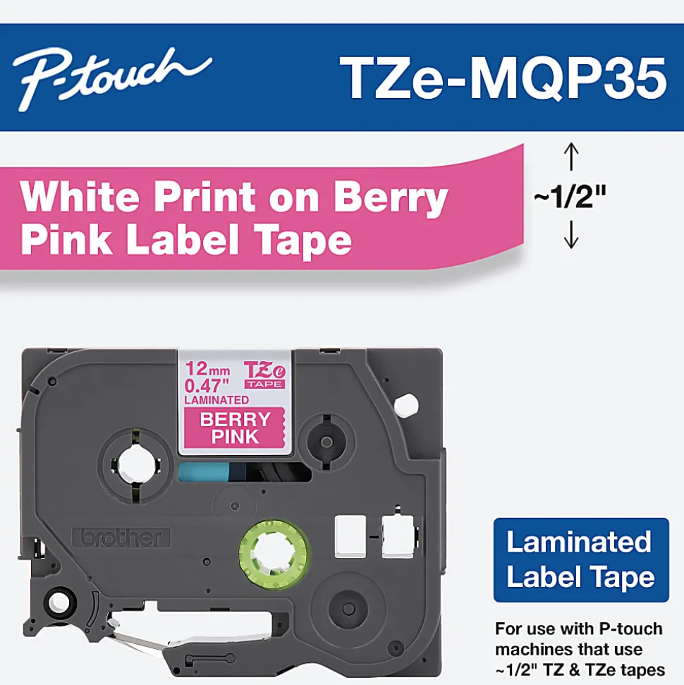 Brother TZe-MQP35 White-On-Berry Pink Tape, 0.5" x 196.8"