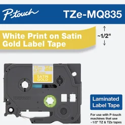 Brother TZe-MQ835 White-On-Satin Gold Tape, 0.5