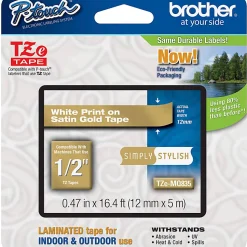 Brother TZe-MQ835 White-On-Satin Gold Tape, 0.5