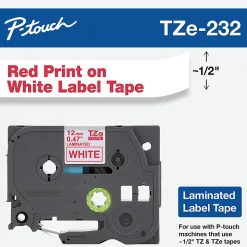 Brother TZe-232 Red-On-White Tape, 0.5" x 26.2'