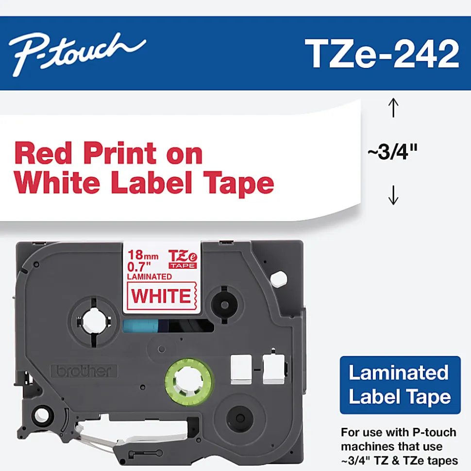Brother TZe-242 Red-On-White Tape, 0.75" x 26.2'