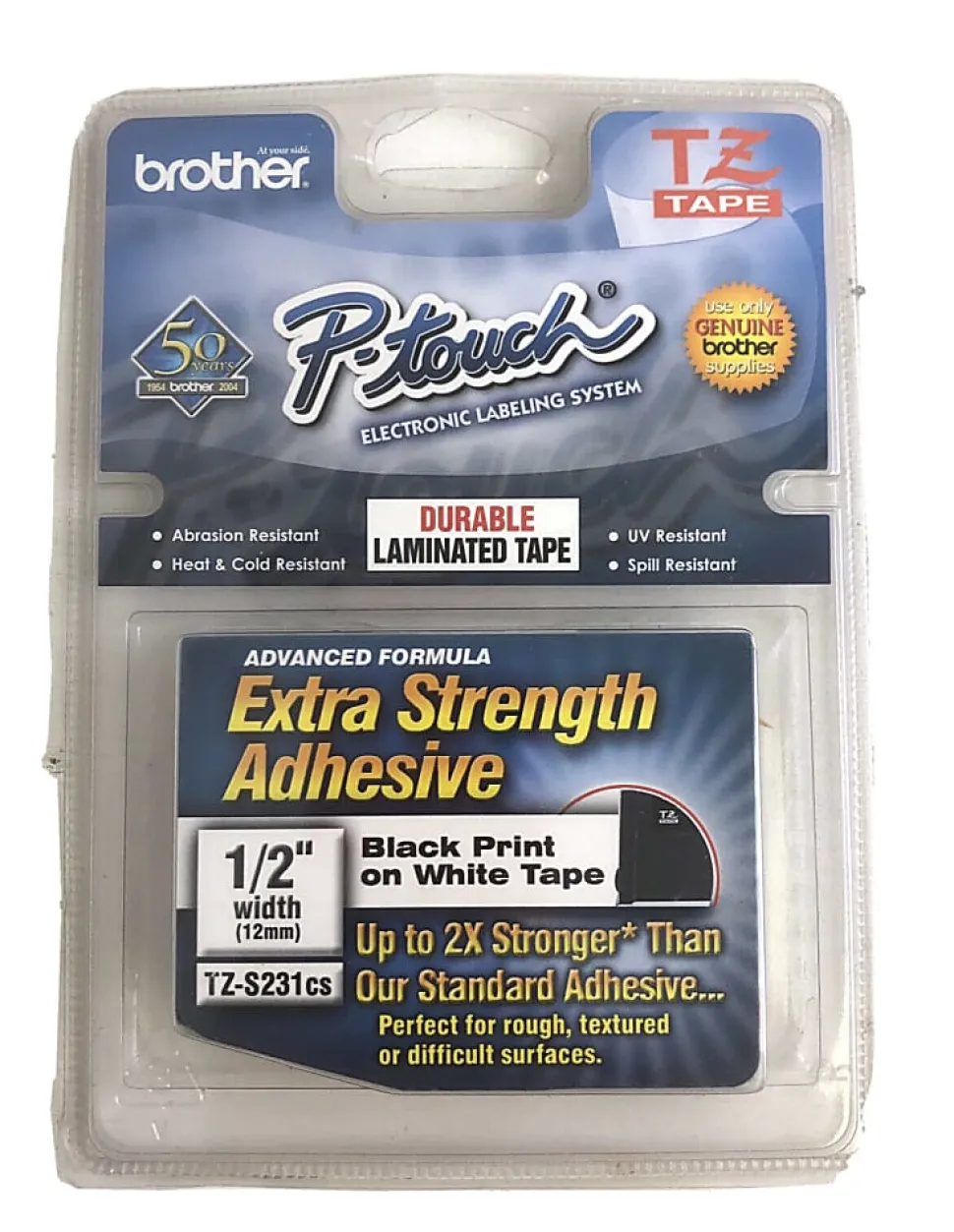 Brother TZe-S231CS Black-On-White Extra-Strength Tape, 0.5" x 26.2'