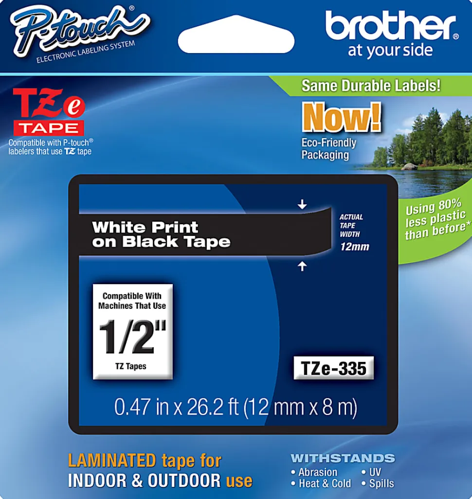 Brother TZe-335 White-On-Black Tape, 0.5" x 26.2'