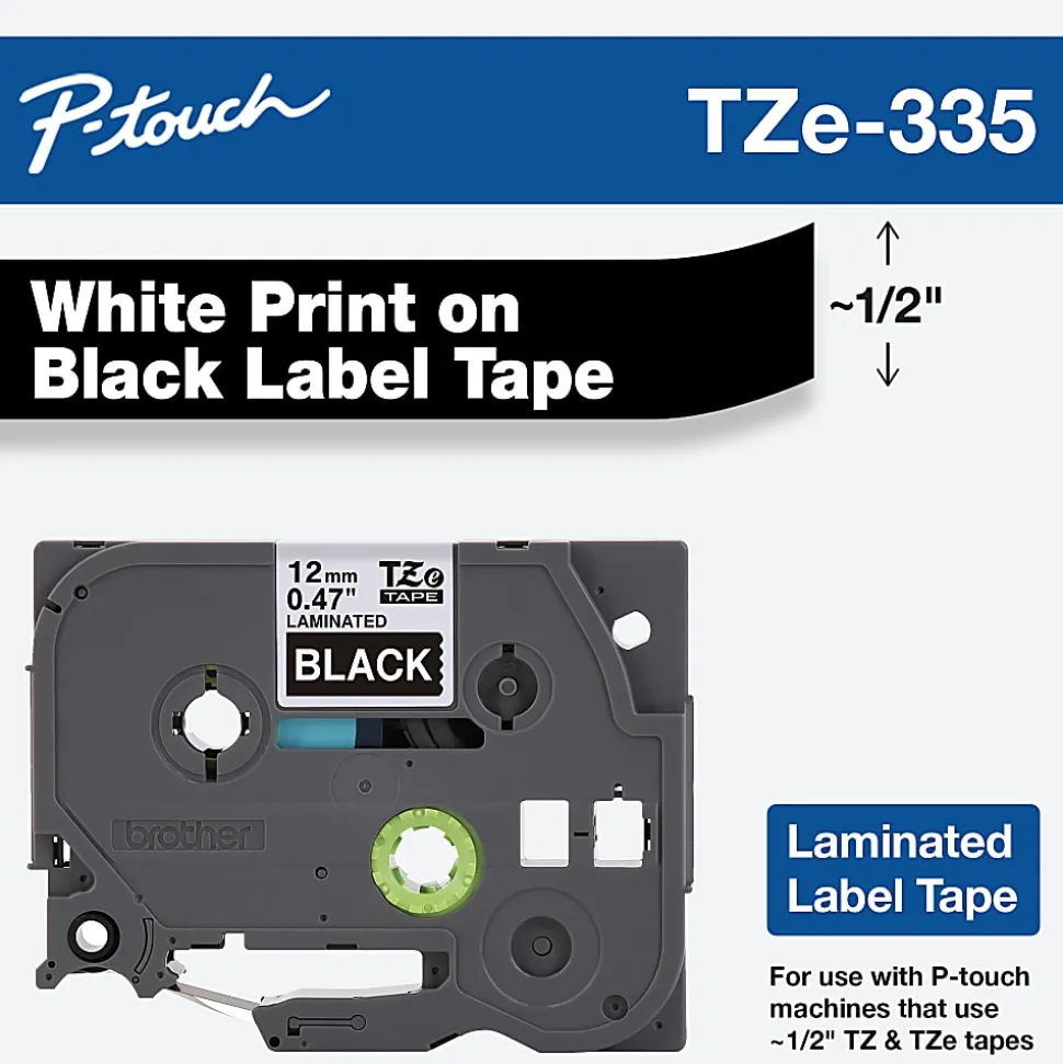 Brother TZe-335 White-On-Black Tape, 0.5" x 26.2'