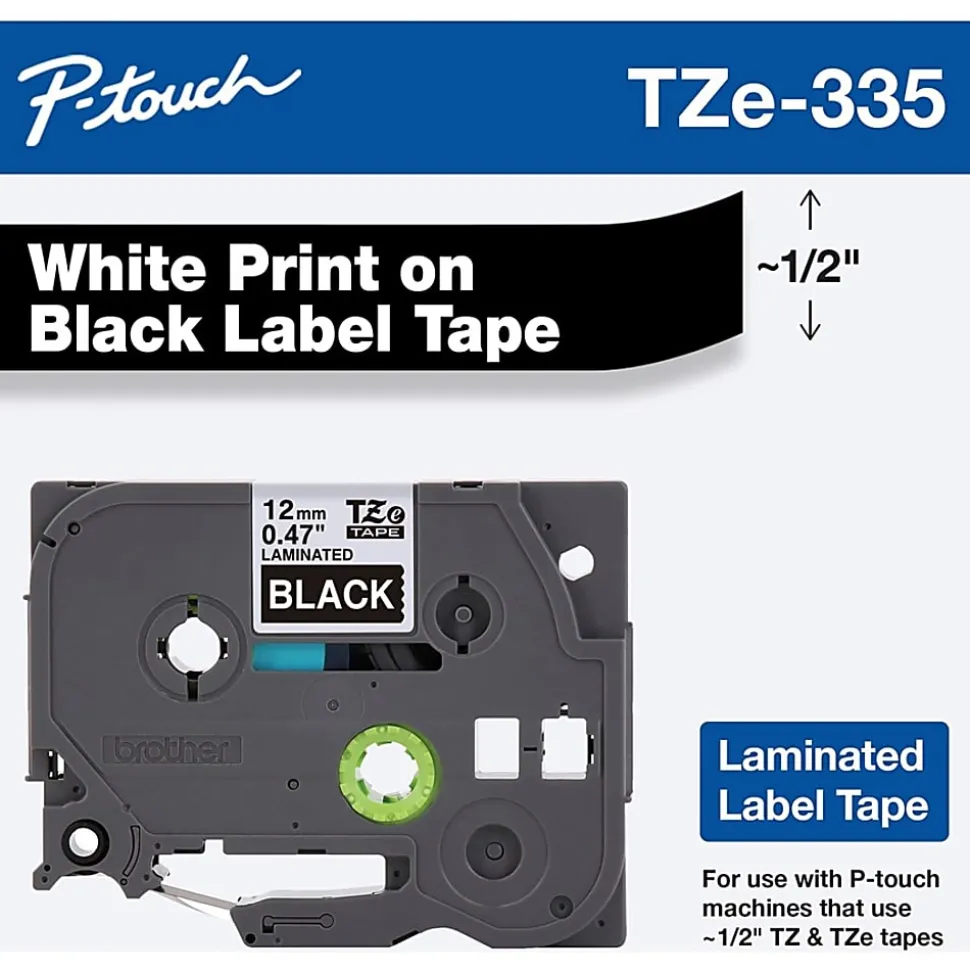 Brother TZe-335 White-On-Black Tape, 0.5" x 26.2'