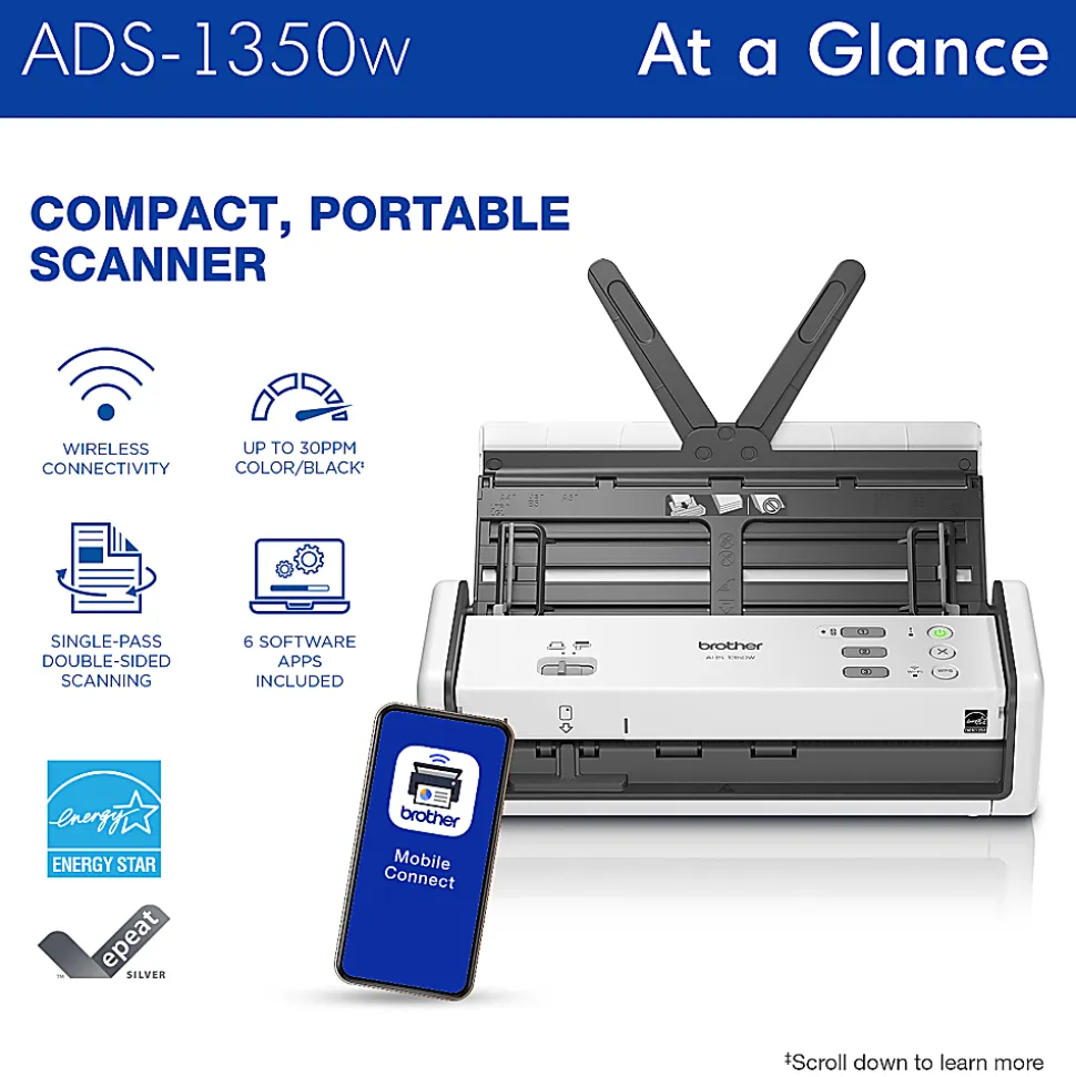 Brother Wireless Compact Desktop Scanner, ADS-1350W